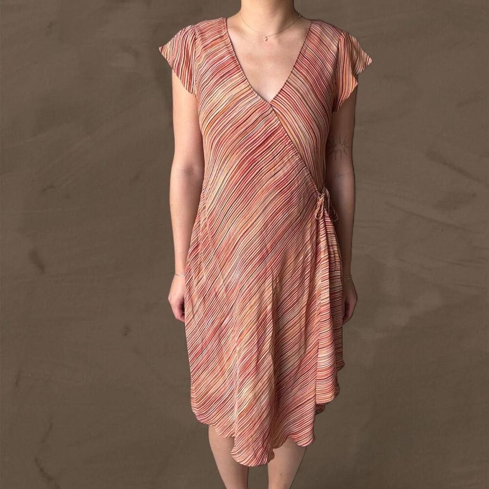Alfani red silk striped v neck wrap dress size 6